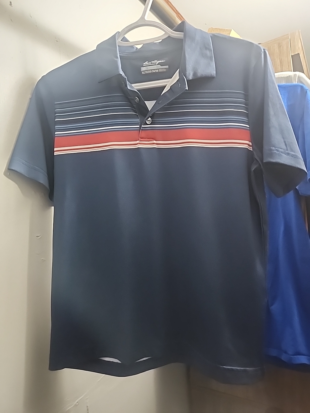 Club Room Navy Polo with Red and White Chest Stripes